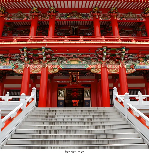 Traditional Red and White Temple Entrance