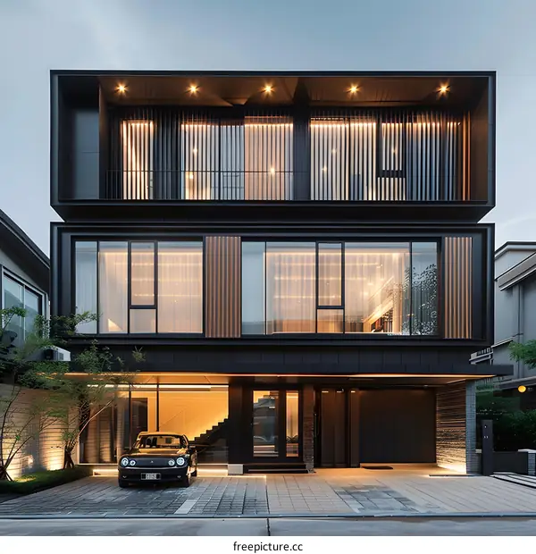 Modern Black and Wood House with Large Windows