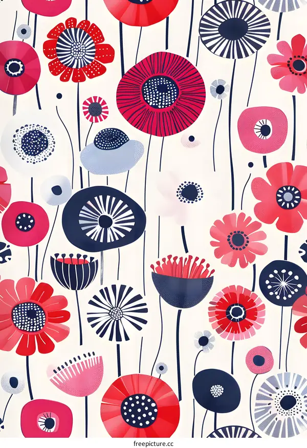 Abstract Red and Blue Flowers Seamless Pattern