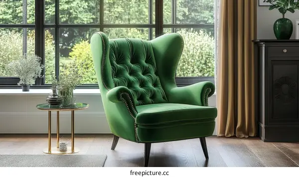 Green Velvet Wingback Chair in Modern Living Room
