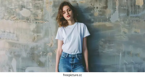 Young woman in casual clothes posing against a blue-grey background