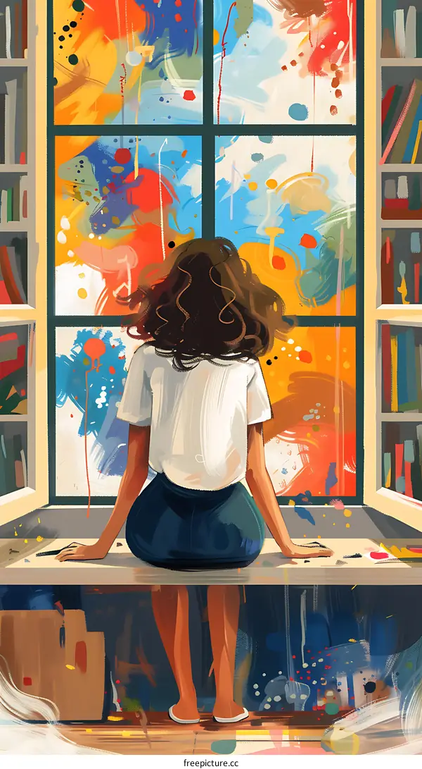 Woman Looking Out Window at Abstract Art