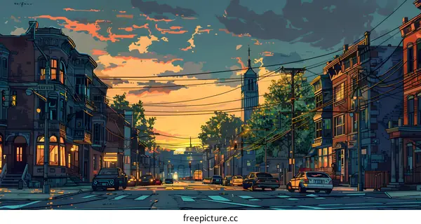 A wide shot of the city street with cars parked on either side of the road