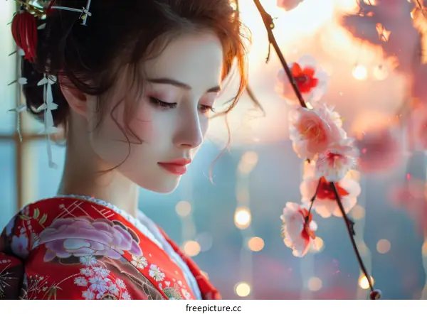 Portrait of a beautiful Asian woman in traditional Japanese kimono with pink cherry blossoms