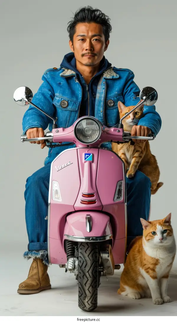 A Man and Two Cats on a Pink Vespa
