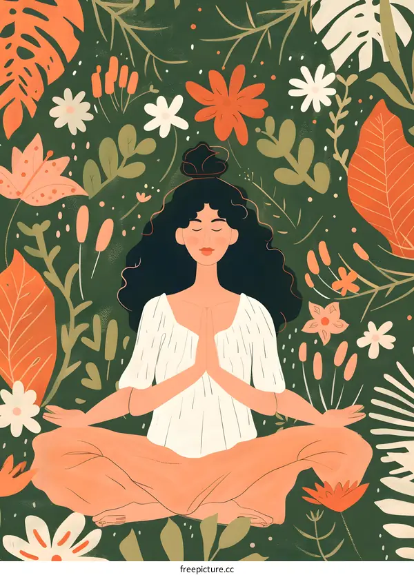 Woman Meditating In The Flowers