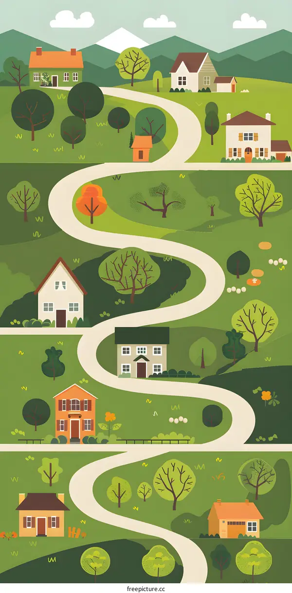 Cartoon Illustration of Winding Road in Green Hills and Houses