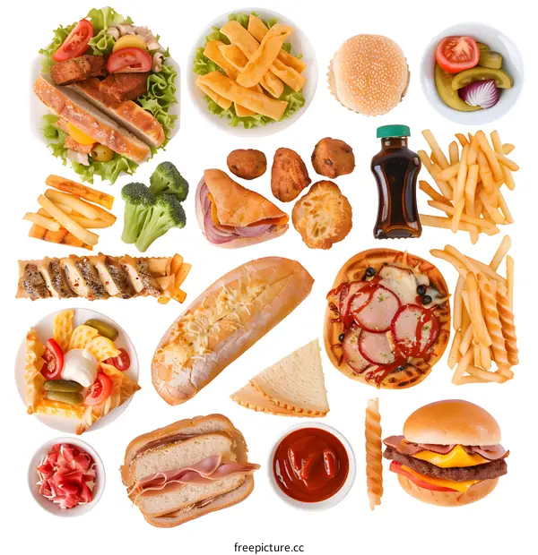 Variety of Fast Food and Snacks on White Background