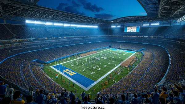 American football game at a large stadium with many spectators