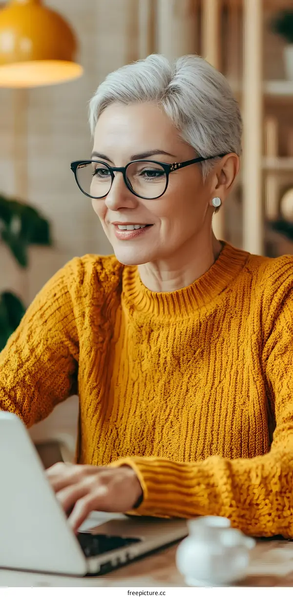 Woman with Grey Hair Using Laptop in Cafe