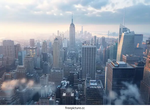 New York City Skyline with Skyscrapers and Clouds