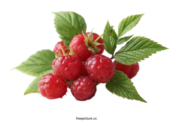 [Transparent Background PNG]Fresh Raspberries with Green Leaves on White Background