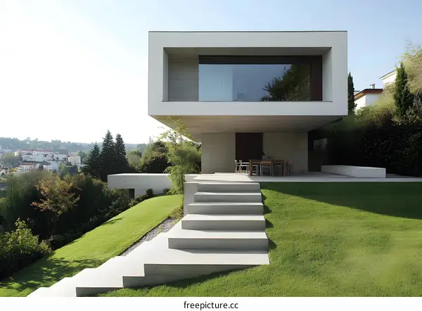 Modern Minimalist Concrete House with Green Lawn and Steps