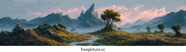 Fantasy Mountain Landscape at Sunrise