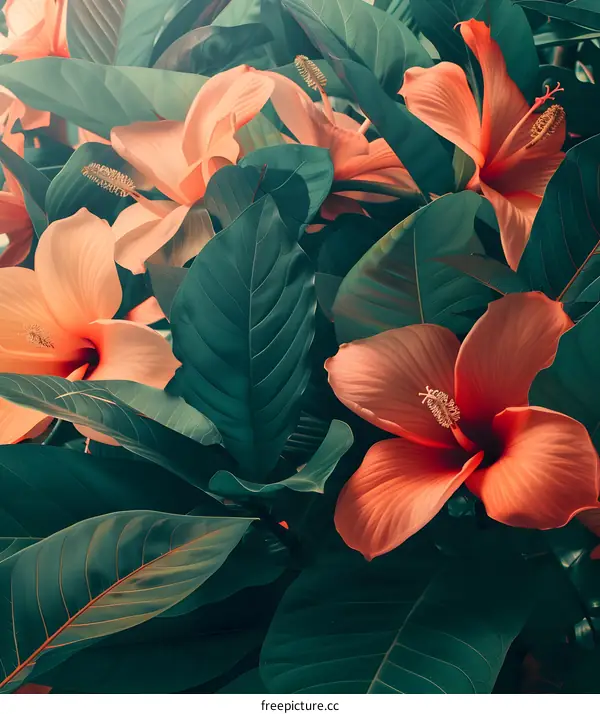 Tropical Green Leaves With Orange Flowers