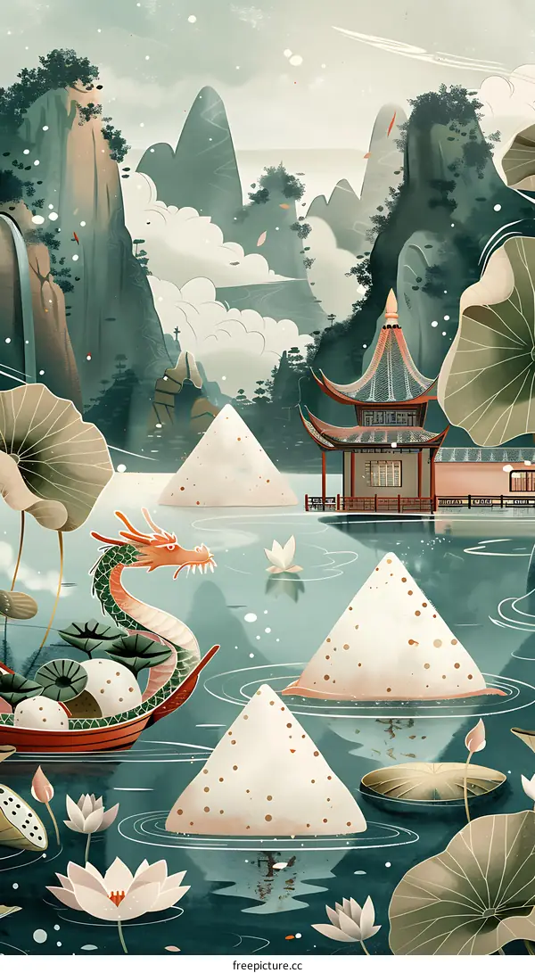 Dragon Boat Festival illustration with rice dumplings and lotus