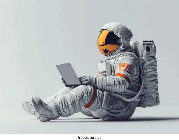 Astronaut sitting on the moon and using laptop