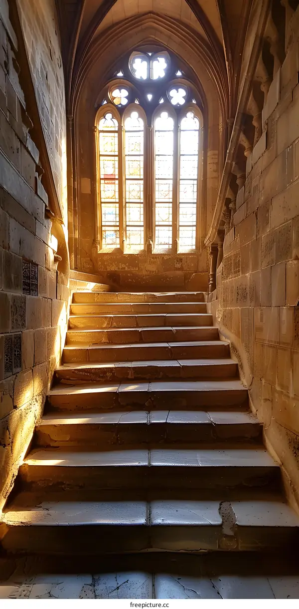 Stone steps lead up to a large stained glass window