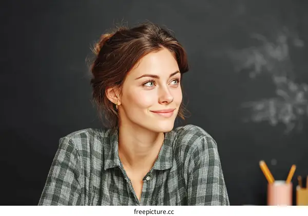 Thoughtful Woman in a Plaid Shirt