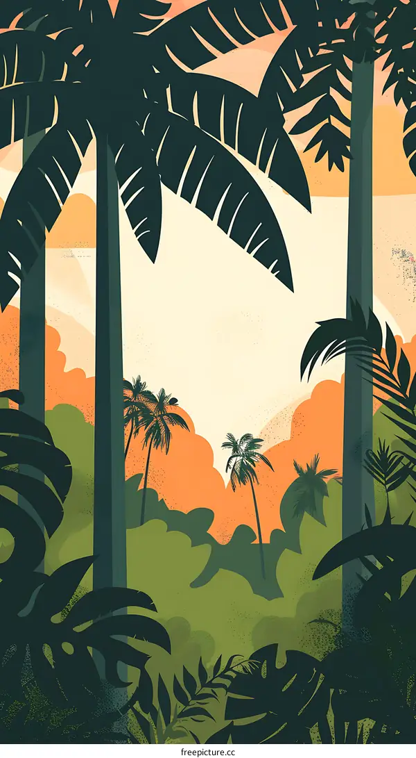 Tropical Palm Trees Silhouette Illustration With Orange Sunset Background
