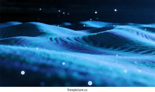 Abstract 3D Render of Blue Wavy Surface with Floating Particles