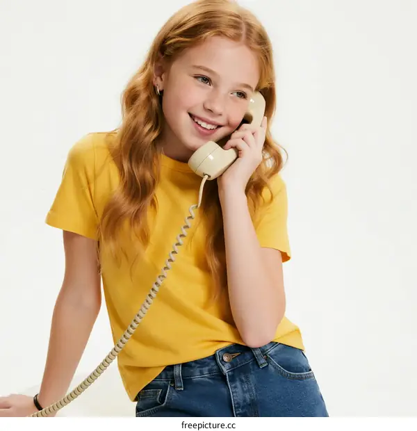 Young girl with long hair talking on a vintage telephone