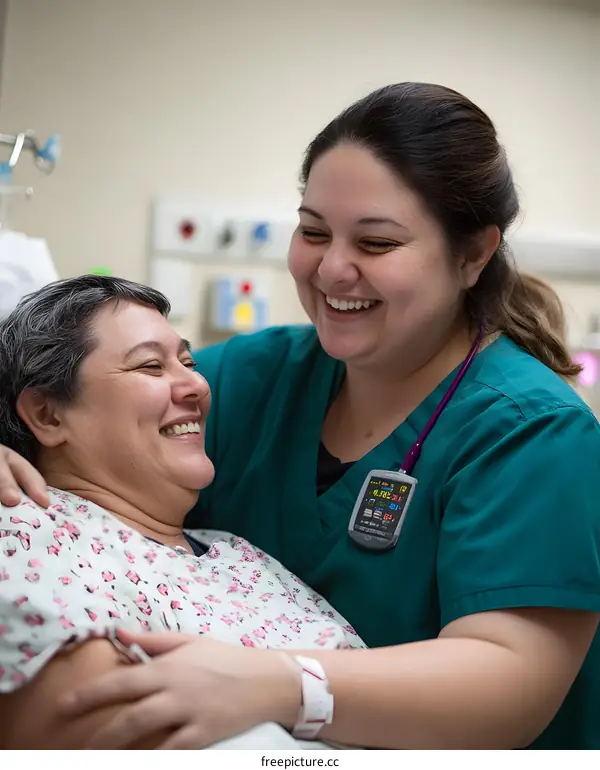 Hospital Nurse Caring for a Patient, Providing Compassionate Support and Encouraging Smile