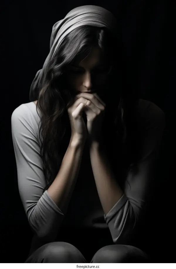 A woman in a headscarf is praying with her hands together.