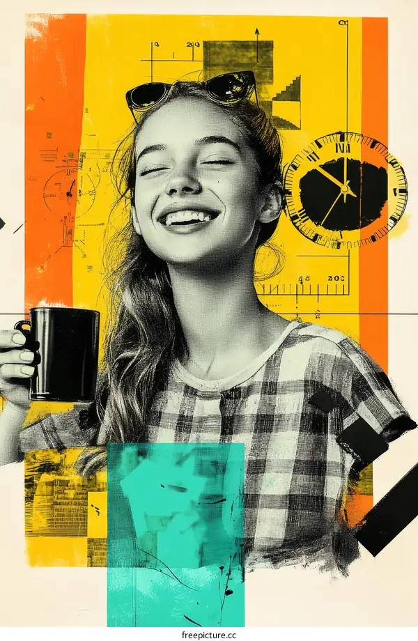 Abstract Collage Portrait of a Woman with Coffee