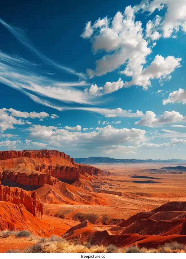A Desolate Desert Landscape with Red Rocks and Azure Sky