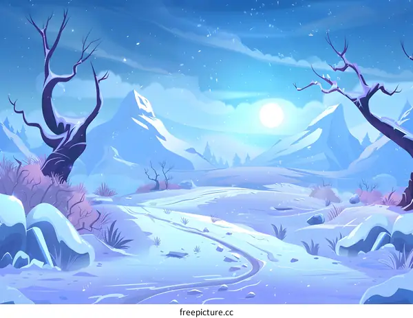 Winter Landscape Illustration With Snowy Mountains and Bare Trees