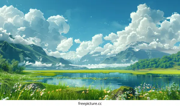 Fantasy: Majestic Mountains and Lake in an Idyllic Valley