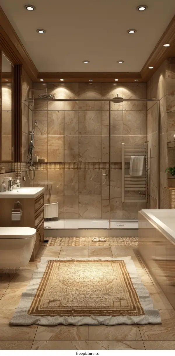 Bathroom interior with beige marble tiles and brown wooden accents
