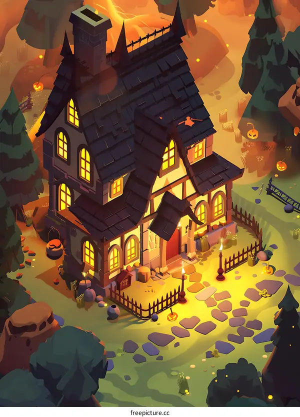 Halloween House Illustration With  Pumpkin And Trees