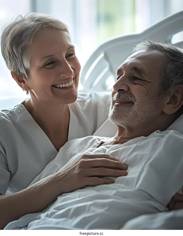 Smiling Nurse Caring for Elderly Patient in Hospital Bed