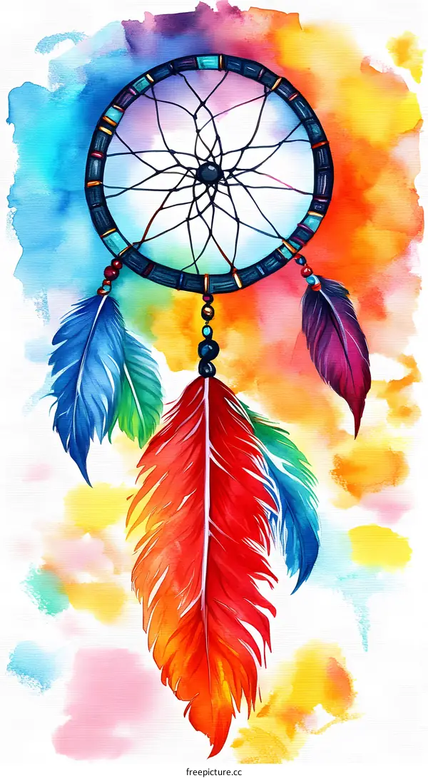 Watercolor Dreamcatcher with Feathers and Beads