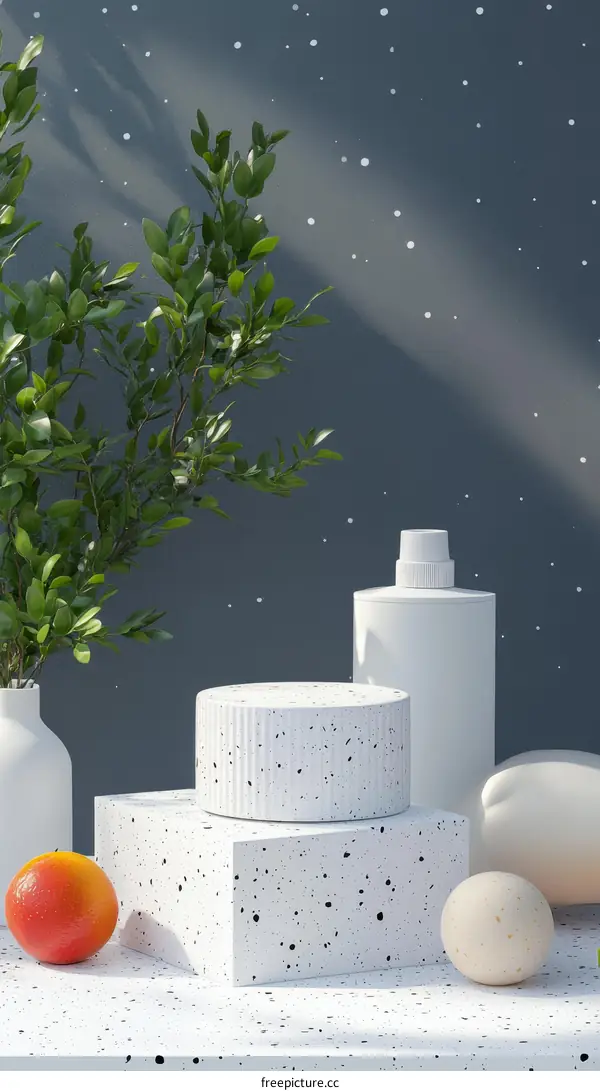 Elegant White Display Pedestals with Plants and Fruits