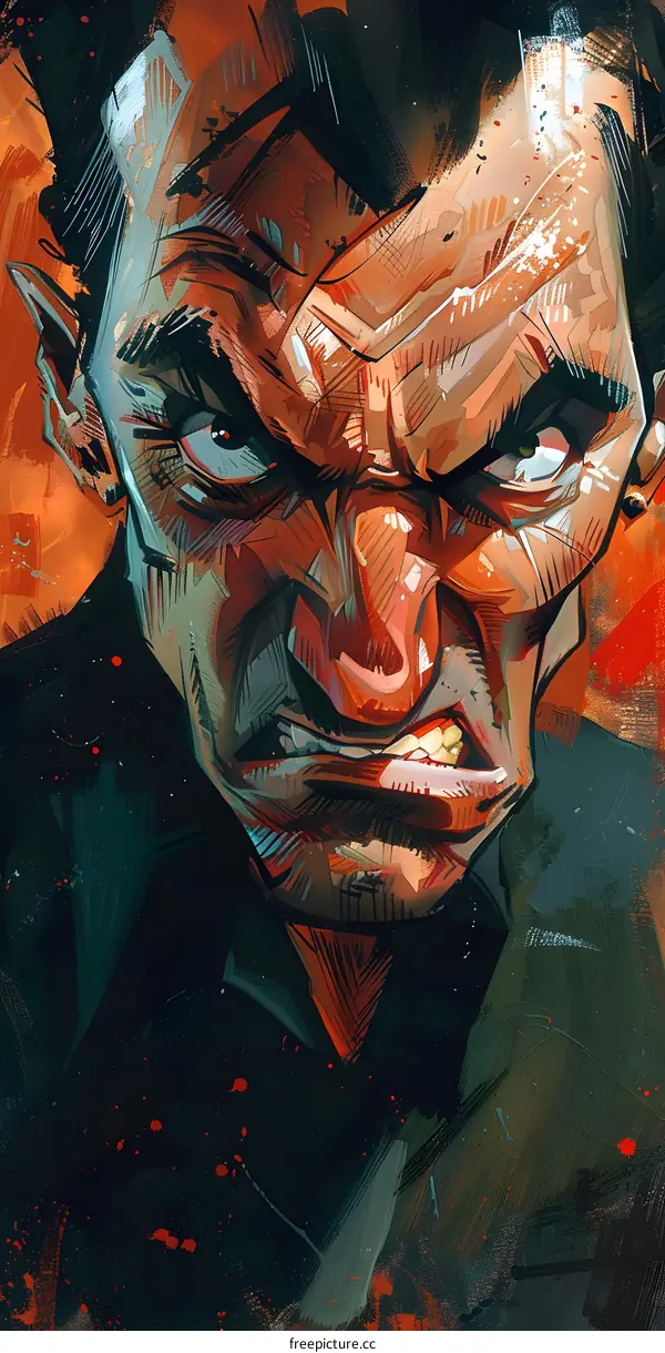 A digital painting of a mans face. The man has a beard and a scowl on his face. He is wearing a dark suit.