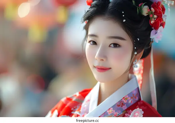 Portrait of a young Korean woman in traditional red dress
