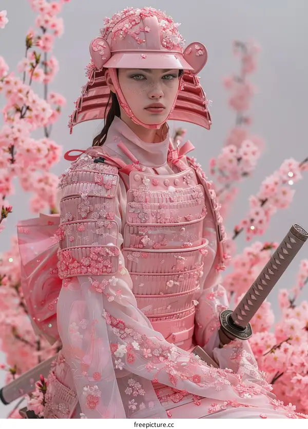 A woman wearing a pink samurai armor stands in a field of cherry blossoms.