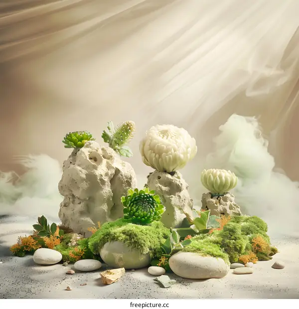 White Flowers and Green Plants on Rocks and Moss