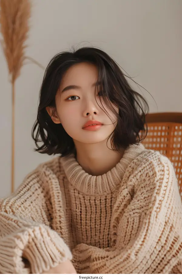 Young Asian Woman with Short Hair Wearing a Knitted Sweater