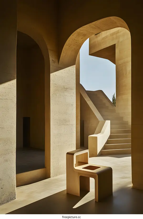 Modern Architectural Design with Arched Entrance and Wooden Stool