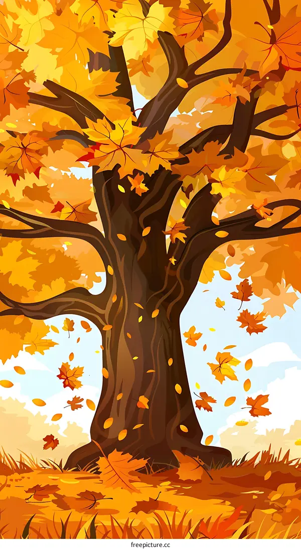 Autumn Tree With Falling Leaves Illustration