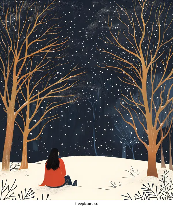 Woman Sitting in Snowy Forest Watching Snow Fall