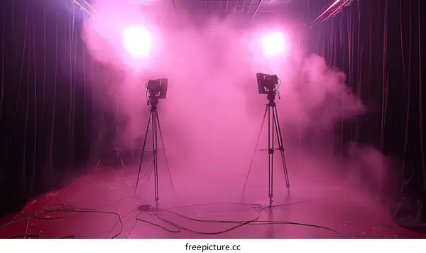Two cameras in a pink foggy studio
