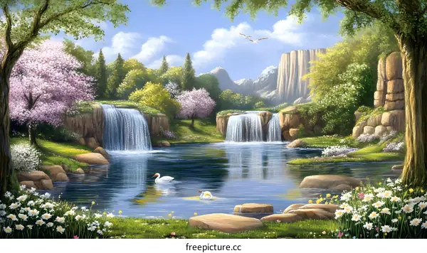 Peaceful Waterfall Scene with Swans in a Forest