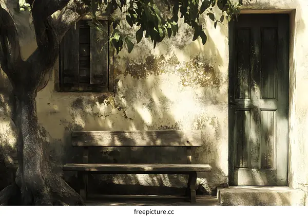 Old Wooden Bench in Front of a Building Wall