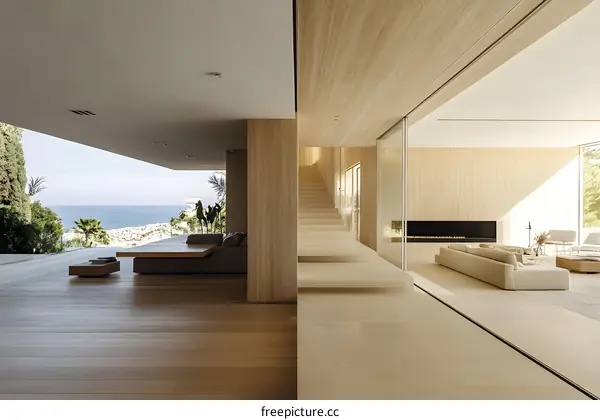 Modern Minimalist House Interior with Sea View