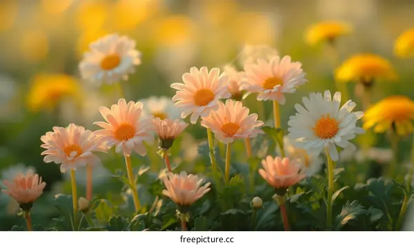 Close-up of white and pink daisies in a field
